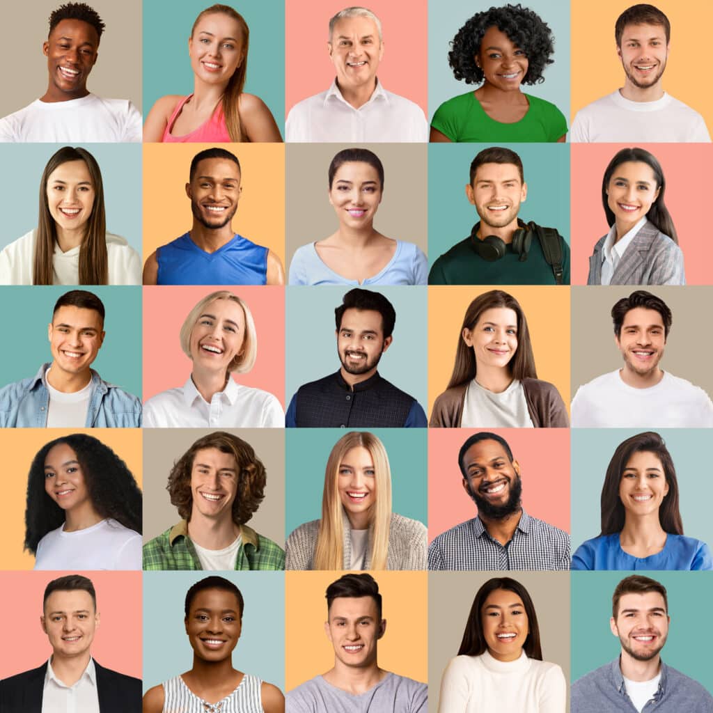 Portraits of happy multiracial people posing on colorful backgrounds, creative image. Collection of photos of international men and women of different generations smiling at camera